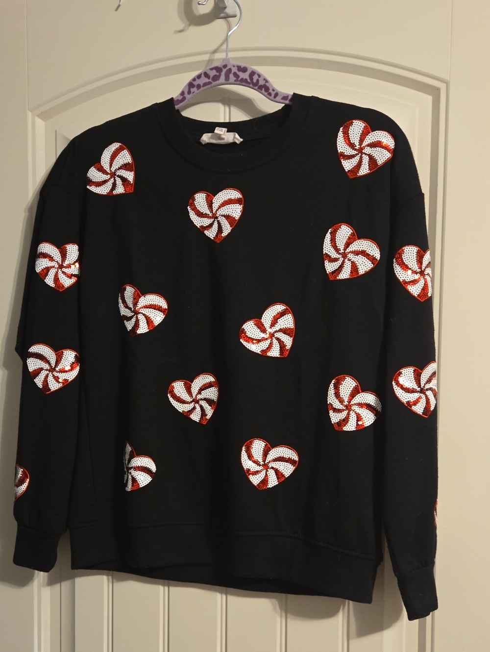 Workshop Republic Clothing Black Crewneck Sweater with Red & White Sequin Hearts